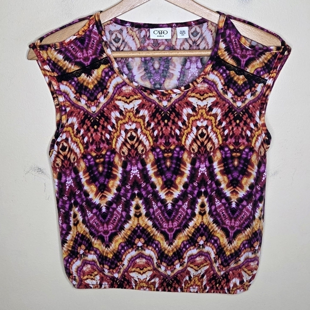 Y2K Cato Girls Colorful Ethnic Cold Shoulder Top with Elastic Hem Size XL 16